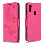 For Galaxy A11 Two Butterflies Embossing Pattern Horizontal Flip Leather Case with Holder & Card Slot & Wallet & Lanyard(Rose Red)