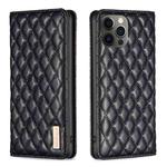 For iPhone 12 / 12 Pro Diamond Lattice Magnetic Leather Flip Phone Case(Black)