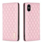 For iPhone XS / X Diamond Lattice Magnetic Leather Flip Phone Case(Pink)