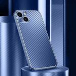 For iPhone 14 Plus Metal Frame Carbon Fiber Phone Case(Blue)