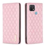 For OPPO A15 Diamond Lattice Magnetic Leather Flip Phone Case(Pink)