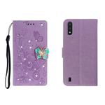 For Galaxy A01 Horizontal Rhinestone Butterfly Embossed Leather Case with Card Slot & Wallet & Holder(Purple)