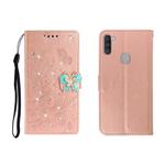 For OPPO A11 Horizontal Rhinestone Butterfly Embossed Leather Case with Card Slot & Wallet & Holder(Rose Gold)