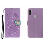 For OPPO A11 Horizontal Rhinestone Butterfly Embossed Leather Case with Card Slot & Wallet & Holder(Purple)