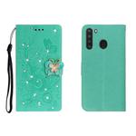 For Galaxy A21 Horizontal Rhinestone Butterfly Embossed Leather Case with Card Slot & Wallet & Holder(Green)