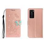 For Huawei P40 Pro Horizontal Rhinestone Butterfly Embossed Leather Case with Card Slot & Wallet & Holder(Rose Gold)