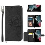 For Samsung Galaxy S22 Ultra 5G Skin-feel Flowers Embossed Wallet Leather Phone Case(Black)