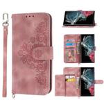 For Samsung Galaxy S22 Ultra 5G Skin-feel Flowers Embossed Wallet Leather Phone Case(Pink)