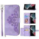 For Samsung Galaxy S22 Ultra 5G Skin-feel Flowers Embossed Wallet Leather Phone Case(Purple)