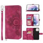 For Samsung Galaxy S21+ 5G Skin-feel Flowers Embossed Wallet Leather Phone Case(Wine Red)