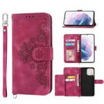 For Samsung Galaxy S21 Ultra 5G Skin-feel Flowers Embossed Wallet Leather Phone Case(Wine Red)