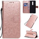 For OnePlus 8 Pressed Printing Sunflower Pattern Horizontal Flip PU Leather Case with Holder & Card Slots & Wallet & Lanyard(Rose Gold)