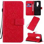 For OnePlus 8 Pro Pressed Printing Sunflower Pattern Horizontal Flip PU Leather Case with Holder & Card Slots & Wallet & Lanyard(Red)