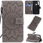 For Motorola G8 Pressed Printing Sunflower Pattern Horizontal Flip PU Leather Case with Holder & Card Slots & Wallet & Lanyard(Grey)