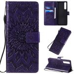For Sony Xperia 1 II Pressed Printing Sunflower Pattern Horizontal Flip PU Leather Case with Holder & Card Slots & Wallet & Lanyard(Purple)