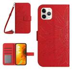 For iPhone 11 Pro Max Skin Feel Sun Flower Pattern Flip Leather Phone Case with Lanyard(Red)