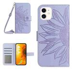 For iPhone 12 mini Skin Feel Sun Flower Pattern Flip Leather Phone Case with Lanyard(Purple)