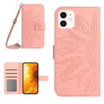 For iPhone 12 mini Skin Feel Sun Flower Pattern Flip Leather Phone Case with Lanyard(Pink)