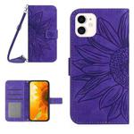 For iPhone 12 mini Skin Feel Sun Flower Pattern Flip Leather Phone Case with Lanyard(Dark Purple)