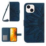 For iPhone 14 Skin Feel Sun Flower Pattern Flip Leather Phone Case with Lanyard(Inky Blue)