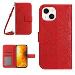 For iPhone 14 Plus Skin Feel Sun Flower Pattern Flip Leather Phone Case with Lanyard(Red)