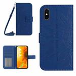 For iPhone X / XS Skin Feel Sun Flower Pattern Flip Leather Phone Case with Lanyard(Dark Blue)