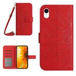 For iPhone XR Skin Feel Sun Flower Pattern Flip Leather Phone Case with Lanyard(Red)