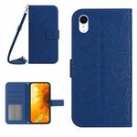 For iPhone XR Skin Feel Sun Flower Pattern Flip Leather Phone Case with Lanyard(Dark Blue)