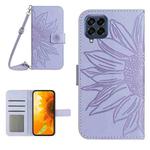 For Samsung Galaxy M53 5G Skin Feel Sun Flower Pattern Flip Leather Phone Case with Lanyard(Purple)