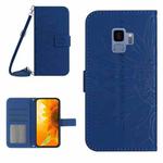 For Samsung Galaxy S9 Skin Feel Sun Flower Pattern Flip Leather Phone Case with Lanyard(Dark Blue)