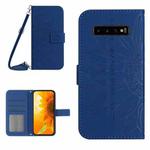 For Samsung Galaxy S10+ Skin Feel Sun Flower Pattern Flip Leather Phone Case with Lanyard(Dark Blue)