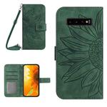 For Samsung Galaxy S10+ Skin Feel Sun Flower Pattern Flip Leather Phone Case with Lanyard(Green)