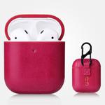 For AirPods 1 & 2 Anti-fall Crazy Horse Texture PU Leather Protective Case with Carabiner(Rose Red)