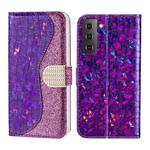 For Samsung Galaxy S23 5G Laser Glitter Powder Crocodile Texture Leather Phone Case(Purple)