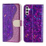 For Samsung Galaxy A14 5G Laser Glitter Powder Crocodile Texture Leather Phone Case(Purple)