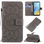 For Huawei Enjoy 10e Pressed Printing Sunflower Pattern Horizontal Flip PU Leather Case with Holder & Card Slots & Wallet & Lanyard(Grey)