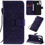 For Galaxy A21 Pressed Printing Sunflower Pattern Horizontal Flip PU Leather Case with Holder & Card Slots & Wallet & Lanyard(Purple)