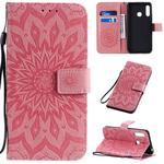 For Galaxy A70e Pressed Printing Sunflower Pattern Horizontal Flip PU Leather Case with Holder & Card Slots & Wallet & Lanyard(Pink)