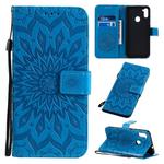 For Galaxy M11 Pressed Printing Sunflower Pattern Horizontal Flip PU Leather Case with Holder & Card Slots & Wallet & Lanyard(Blue)
