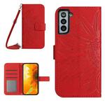For Samsung Galaxy S21+ 5G Skin Feel Sun Flower Pattern Flip Leather Phone Case with Lanyard(Red)