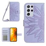 For Samsung Galaxy S21 Ultra 5G Skin Feel Sun Flower Pattern Flip Leather Phone Case with Lanyard(Purple)