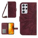For Samsung Galaxy S21 Ultra 5G Skin Feel Sun Flower Pattern Flip Leather Phone Case with Lanyard(Wine Red)