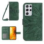 For Samsung Galaxy S21 Ultra 5G Skin Feel Sun Flower Pattern Flip Leather Phone Case with Lanyard(Green)