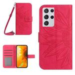 For Samsung Galaxy S21 Ultra 5G Skin Feel Sun Flower Pattern Flip Leather Phone Case with Lanyard(Rose Red)