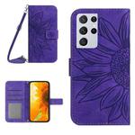 For Samsung Galaxy S21 Ultra 5G Skin Feel Sun Flower Pattern Flip Leather Phone Case with Lanyard(Dark Purple)