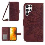 For Samsung Galaxy S22 Ultra 5G Skin Feel Sun Flower Pattern Flip Leather Phone Case with Lanyard(Wine Red)