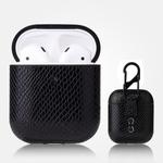 For AirPods 1 & 2 Anti-fall Snakeskin Texture PU Leather Protective Case with Carabiner(Black)