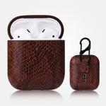 For AirPods 1 & 2 Anti-fall Snakeskin Texture PU Leather Protective Case with Carabiner(Coffee)