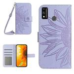 For Honor 9X Lite Skin Feel Sun Flower Pattern Flip Leather Phone Case with Lanyard(Purple)