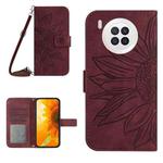 For Honor 50 Lite Skin Feel Sun Flower Pattern Flip Leather Phone Case with Lanyard(Wine Red)